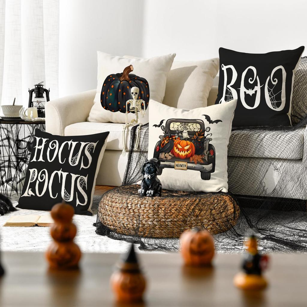 1/4Pcs Halloween Pillowcase, Halloween Black Pumpkin Truck Cushion Cover, Decorative Sofa, Living Room, Bedroom Cushion Cover