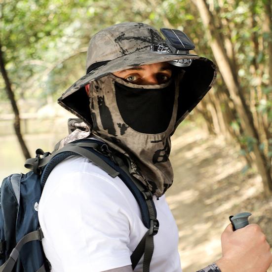 Chapéu de Sol Masculino com Ventilador de Alimentação Dupla Aba Larga Chapéu de Sol com Xale Protetor Facial Chapéu para Pesca Caminhada Jardinagem