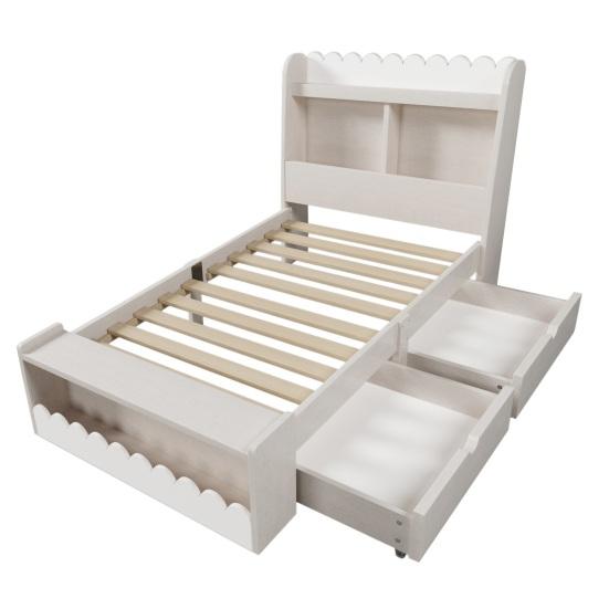 Children Bed Single Bed Storage Bed with Drawers, Shelf And Bench with Storage Space, Wooden Bed 90x200cm, Bed Frame And Slatted Frame Made of Wood,