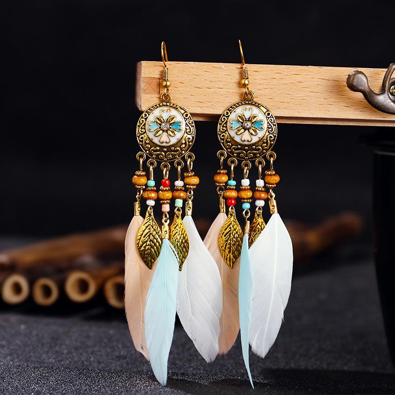 Vintage Bohemian Long Feather Women's Earrings Enamel Flower Drop Dangle Earrings Boho Tassel Leaf Wooden Bead Handmade Zircon