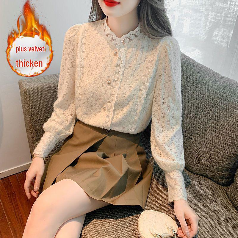 Women's Plush Lace Long-Sleeve Shirt - Stylish and Warm Autumn/Winter 2024 Top