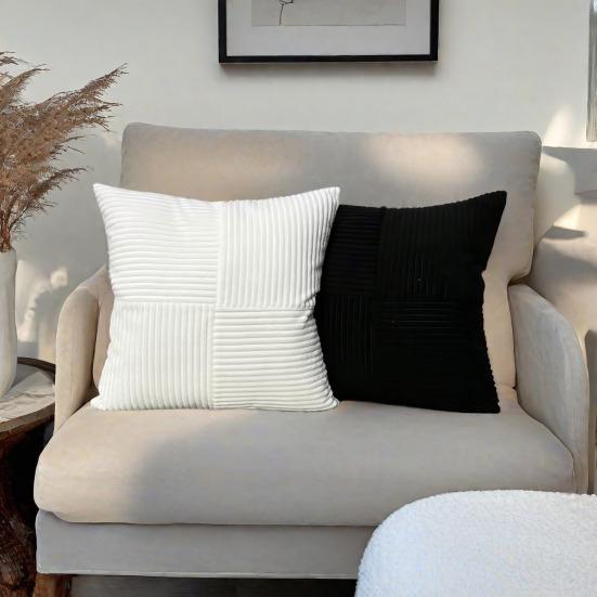 Kissenbezug mit Streifenmuster, Kontrastfarbe, Patchwork, versteckter Reißverschluss, 45 x 45 cm