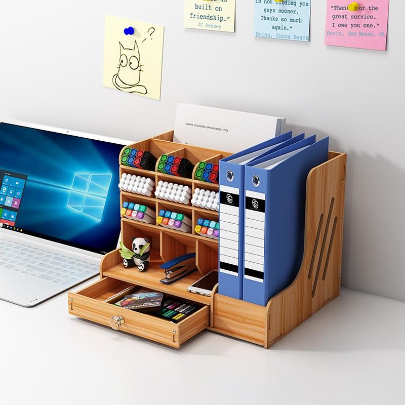 Desk Organizer A4 Paper Books Multi-functional Slanted Storage Box With Compartments Wooden Desktop Stationery Holder