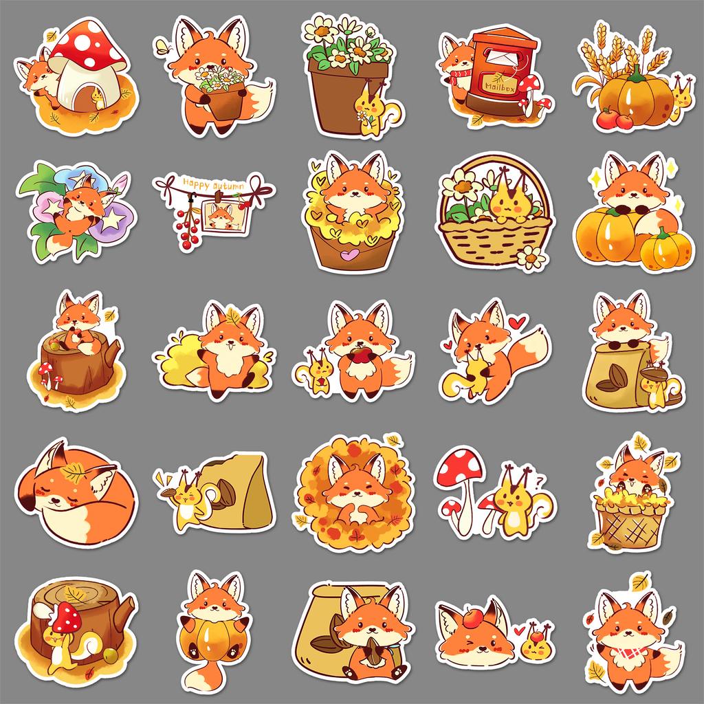 50 Little Fox Autumn Cartoon Stickers Cute Hand-painted Animal Decorative Mobile Phone Case Guka Stickers