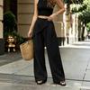 Women's Color Elastic Waist Wide Leg Casual Pants with Irregular Hem