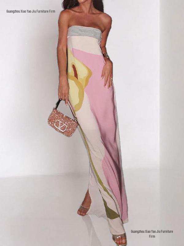 2026 Spring European & American Women's Off-the-Shoulder Sleeveless Backless Printed Dress