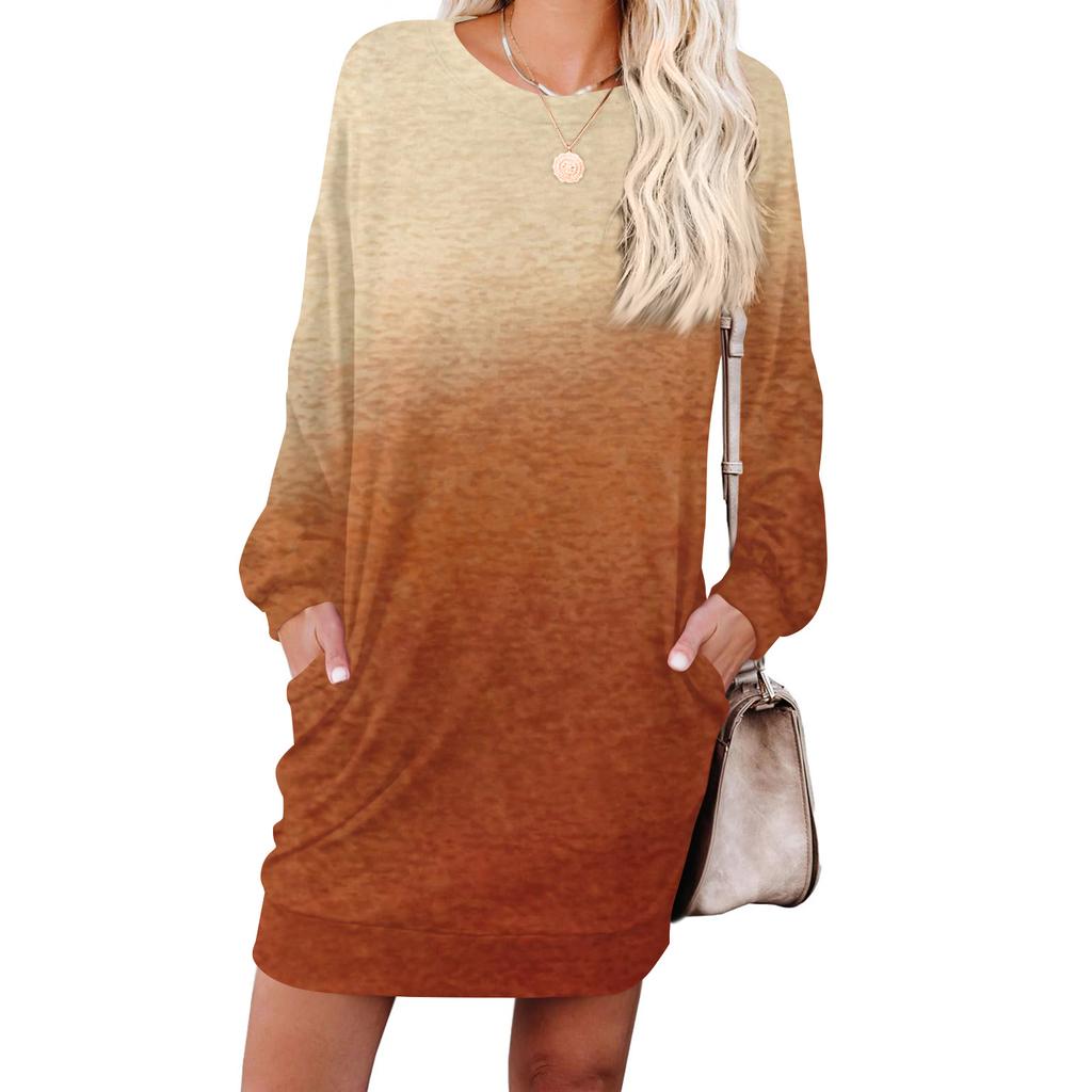 Women's Gradient Printed Fashionable Long-sleeved Round-neck Pocket Dress