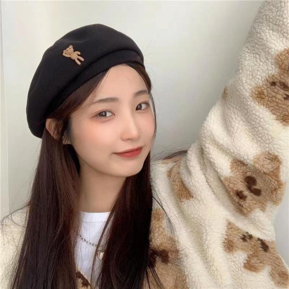 Solid Color Woolen Newsboy Hat Little Bear Beret Hat Retro Cloud Painter Cap  Women Girl