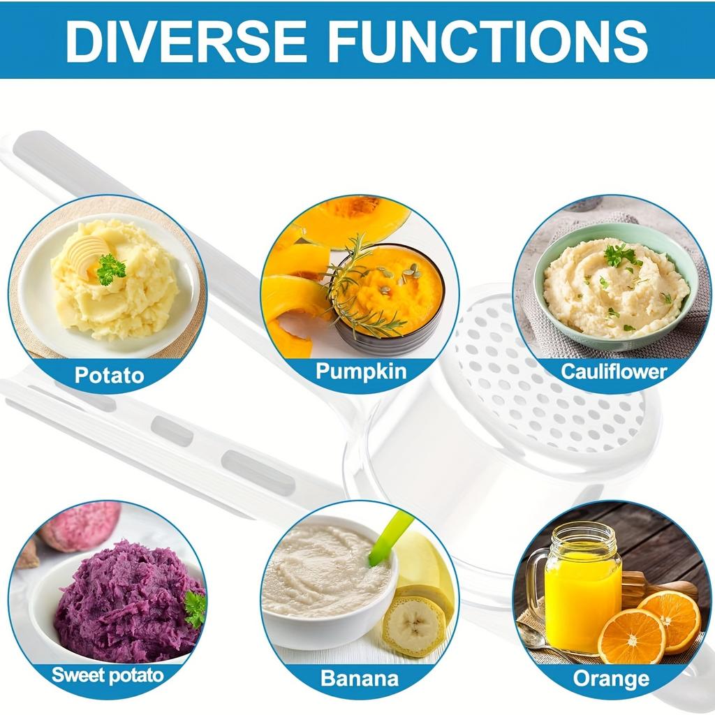 Stainless steel potato masher with silicone handle, potato press, potato purer, with interchangeable mesh