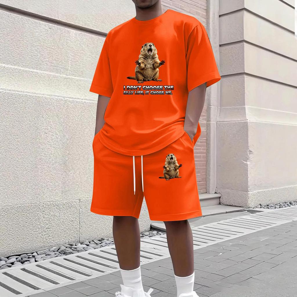 Men's Casual Two Piece Set Short Sleeve Crew Neck T Shirt and Shorts with Animal Print Loose Fit Summer Outfit Comfortable Daily Wear