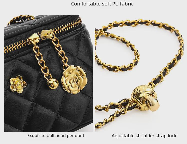Genuine Leather Camellia Lightweight Diamond Chain Shoulder Bag - Mini Cosmetic Box Style