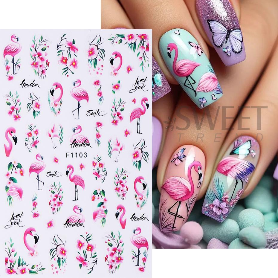 3pcs Pink Flamingo Nail Stickers Flamingo Flowers Leaves Self-Adhesive Nail Decals Slider DIY Manicure Decor Accessories