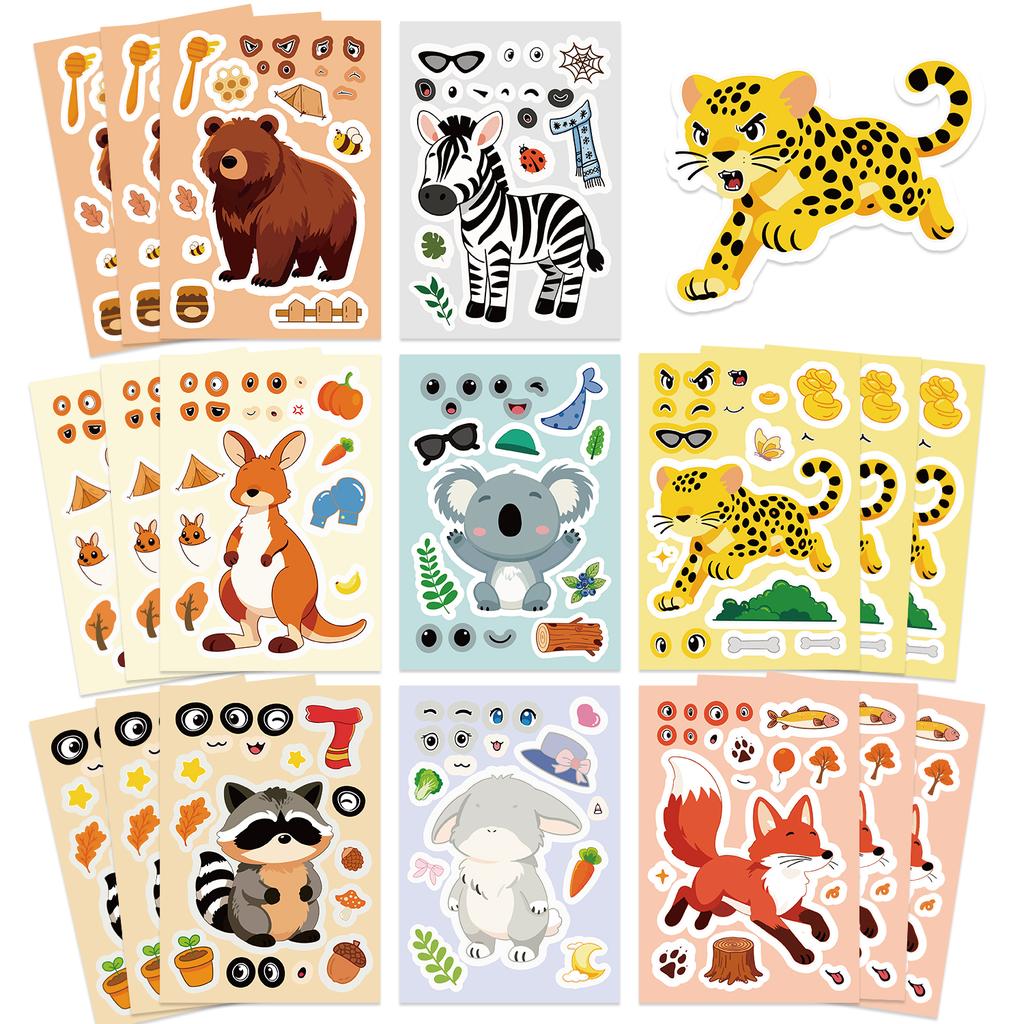 8/16/24PCS Children DIY Puzzle Sticker 8 Animals Make A Face Funny Assemble Jigsaw Stickers Kids Educational Toys