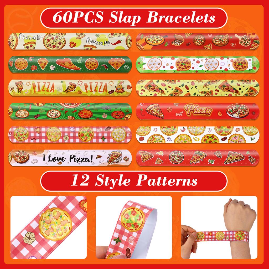 60Pcs Pizza Party Slap Bracelets Pizza Birthday Party Supplies Pizza Theme Slap Wristbands Gifts For Women Men Teen Pizza Party