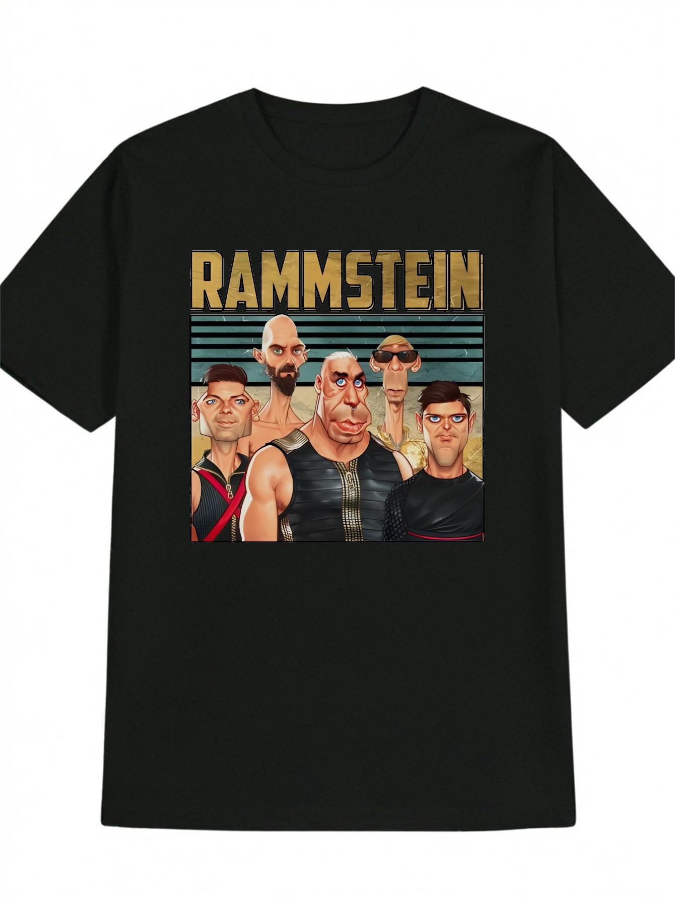 Casual Crew Neck T-shirt with RAMMSTEIN Cartoon Print - Black L