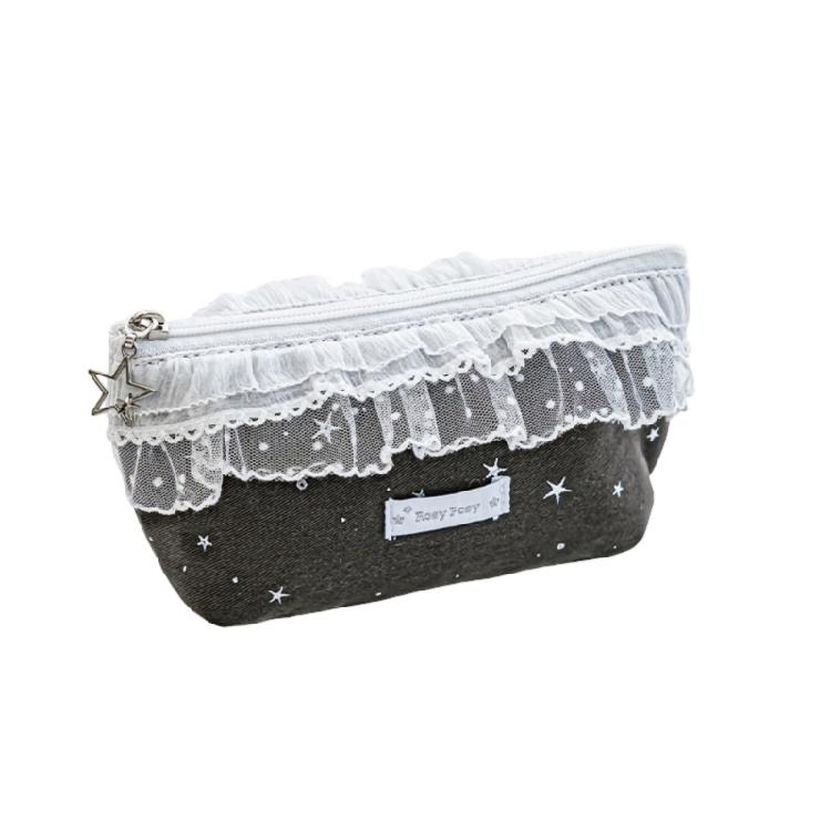 

Starry Lace Trim Pencil Bag High Capacity Soft Cloth Pencil Case Zippered Travel Pen Storage Bag for Student Teen School чёрный
