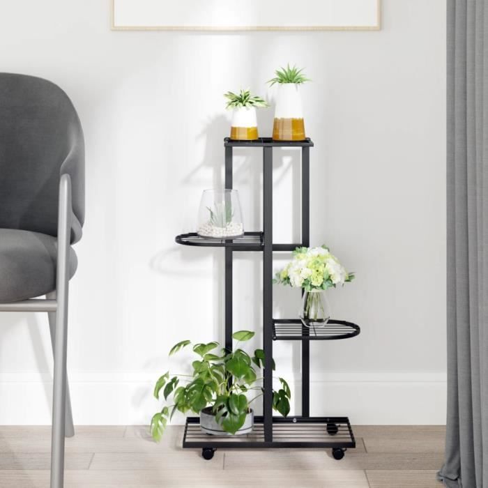 343115 vidaXL Jardinière à 4 niveaux avec roues 44x23x80 cm Noir Fer