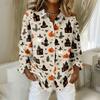 Women's Long Sleeve Button Down Shirt Casual Regular Fit Collared Top with Halloween Pumpkin Print Pattern for Seasonal Wear