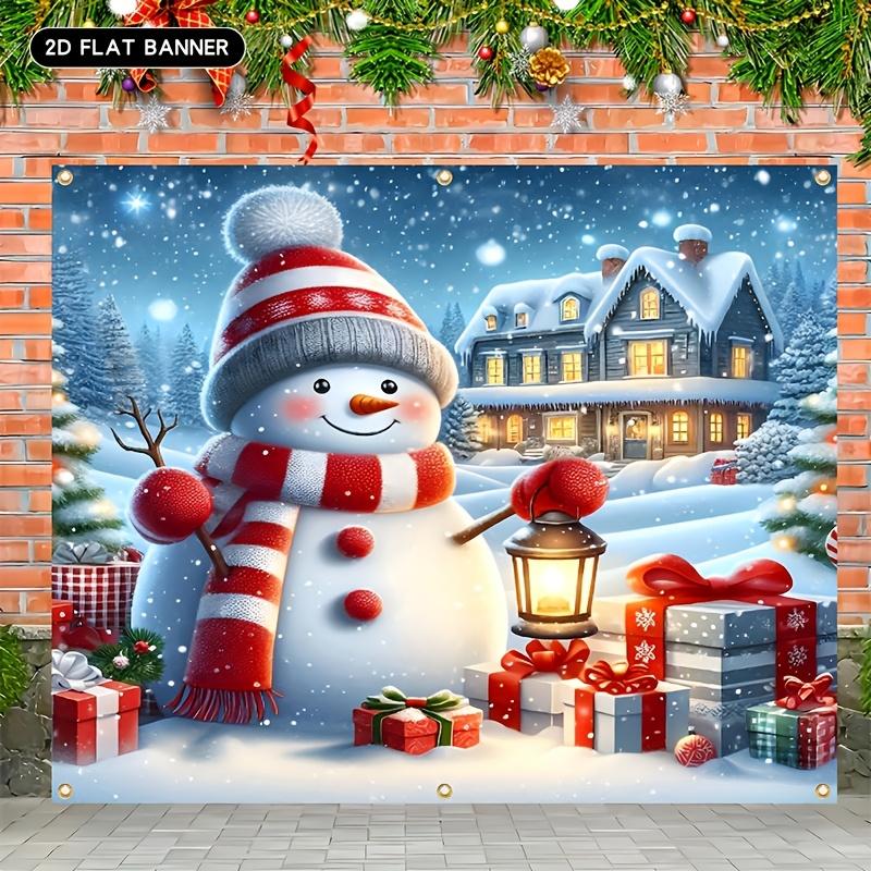 2D Plan, Oversized Winter Wonderland Garage Banner -8.0x7.0 Feet Snowman and Snow Village Scene, Snow Covered Houses,