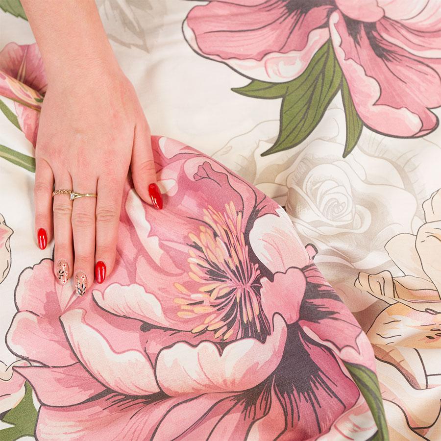 Patti Bedding Set 220X200 - Cotton Satin, White, Floral Pattern