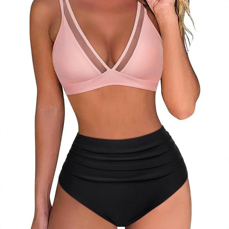New High-waisted Bikini, Mesh Stitching Sexy European and American Backless Pleated Swimsuit