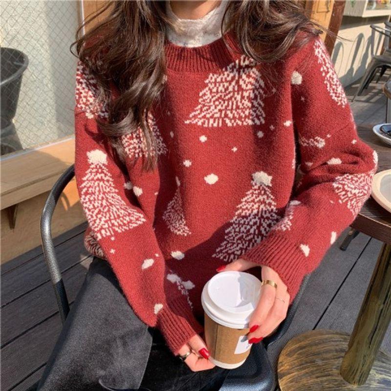 Autumn New Loose Slimming round Neck Super Popular Long sleeve Snowflake Christmas sweater Women Thick Warm Outer Wear Knit
