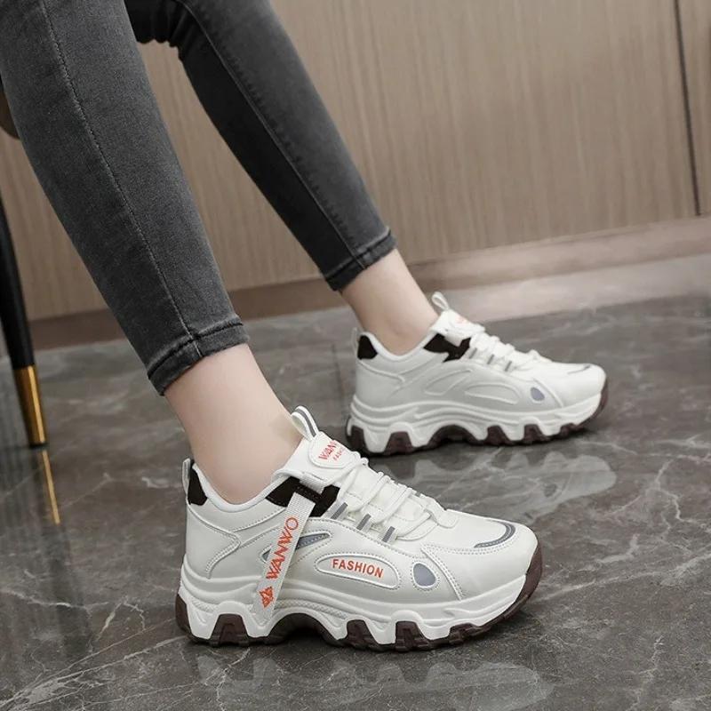 Moda Nuevos Zapatos Casuales para Mujer con Cordones Plataforma Vulcanizados para Exteriores Aumento de Altura Cuña Zapatillas de Mujer Planos Zapatos Mujer