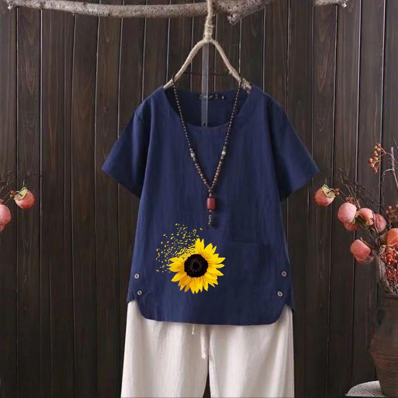 

Женская мода с принтом подсолнухов, летняя повседневная свободная футболка с коротким рукавом, летняя блузка, топы 4XL темно-синий