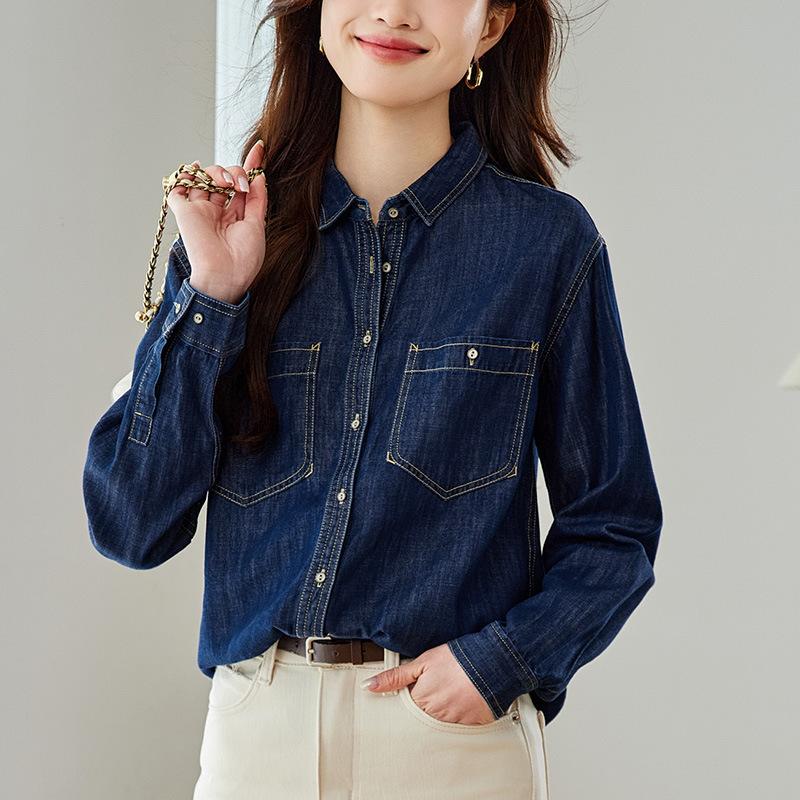 Blue Denim Shirt Women's Medium and Long Spring and Autumn Clothes New Loose Front Shoulder Jacket Top