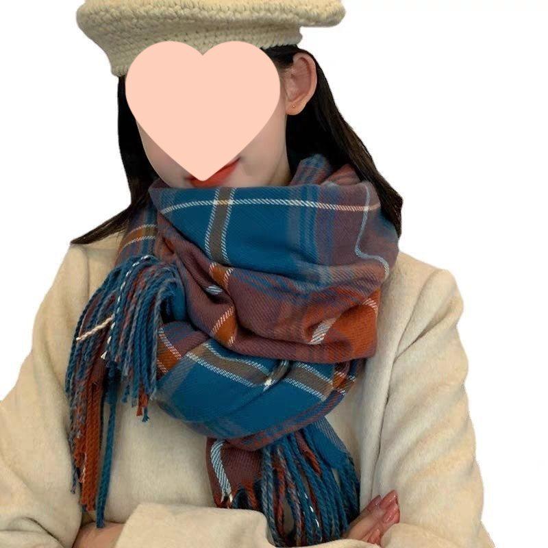 Korean Style Plaid Double-Sided Warm Thick Scarf for Couples and Students, Versatile Autumn/Winter Neck Warmer Shawl