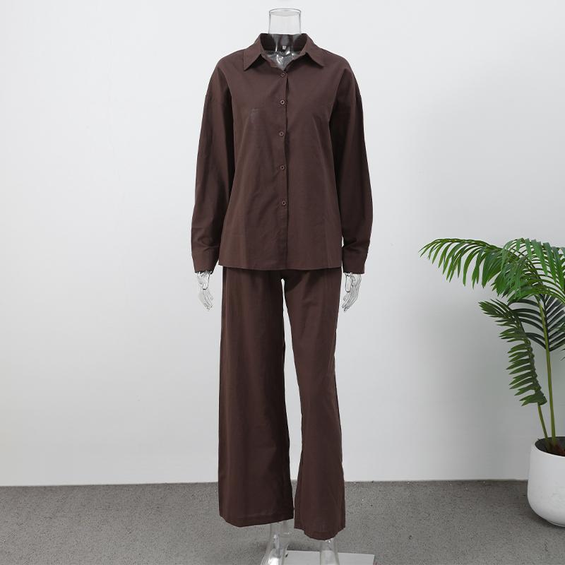 Bavlněná lněná dámská kalhotová souprava ležérní volná jednobarevná knoflíková košile kalhoty outfit léto dámský denní šik volné kalhoty oblek nový