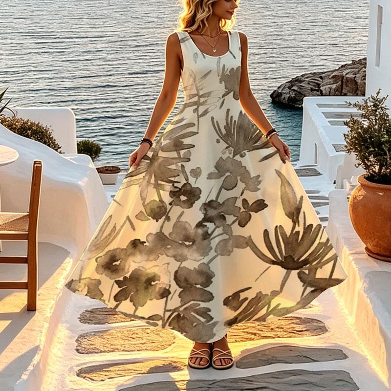Bohemian Floral Sleeveless Maxi Dress Lightweight Flowy Fabric,Ideal for Beach Vacation Daily Casual,Stylish Versatile