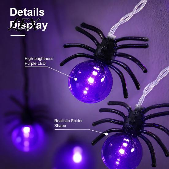 Creative Holiday Wall Hanging Decor 10/20FT Halloween String Light, Battery Powered Purple LED Large Spider/Bat Garland, Spooky Creepy Spider