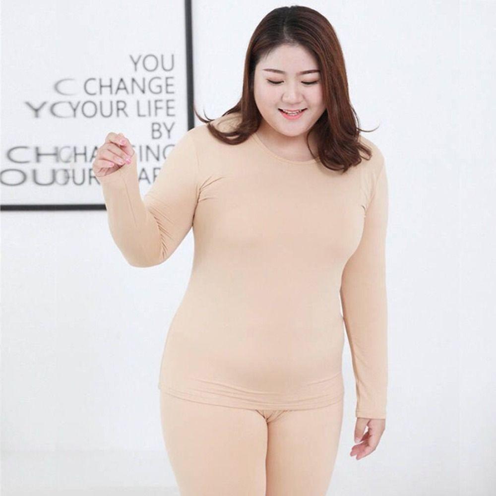 Langarmshirt Rundhalsausschnitt Übergröße Thermounterwäsche Lange Unterhosen Set Oberteil Hose Set Damen Unterwäsche