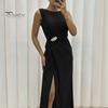 Lady Slit Hem Dress Evening Pleated Floor Length Solid Color Rhinestone Decor Sleeveless Round Neck High Waist Prom Cocktail Party Maxi Women Gown