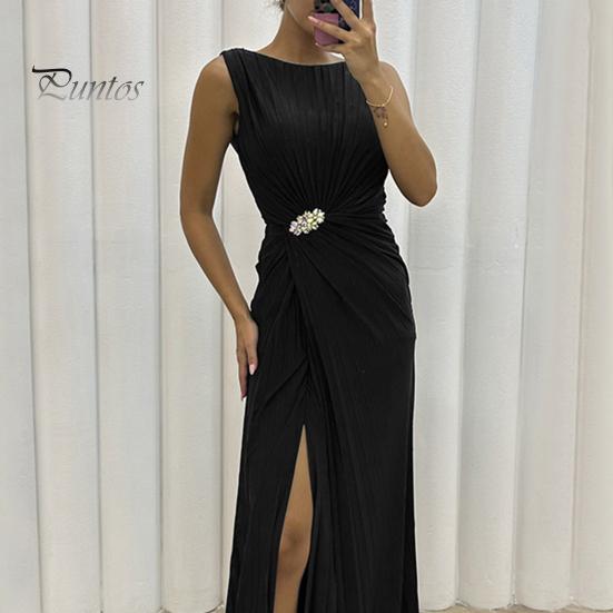 Lady Slit Hem Dress Evening Pleated Floor Length Solid Color Rhinestone Decor Sleeveless Round Neck High Waist Prom Cocktail Party Maxi Women Gown