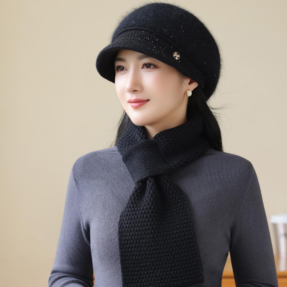New Women Fashion Winter Warm Set K Letter Plush Fur Lined Warm Hats For Women Casual Rabbit Fur Blend Outdoor Dandy Knitted Cap