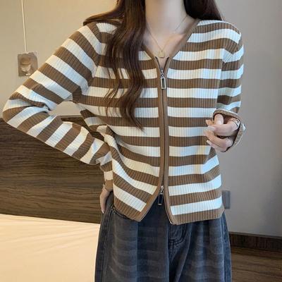 Gestreifte Strickjacke mit langen Ärmeln für Damen im Herbst Koreanischer lockerer Reißverschluss-Top