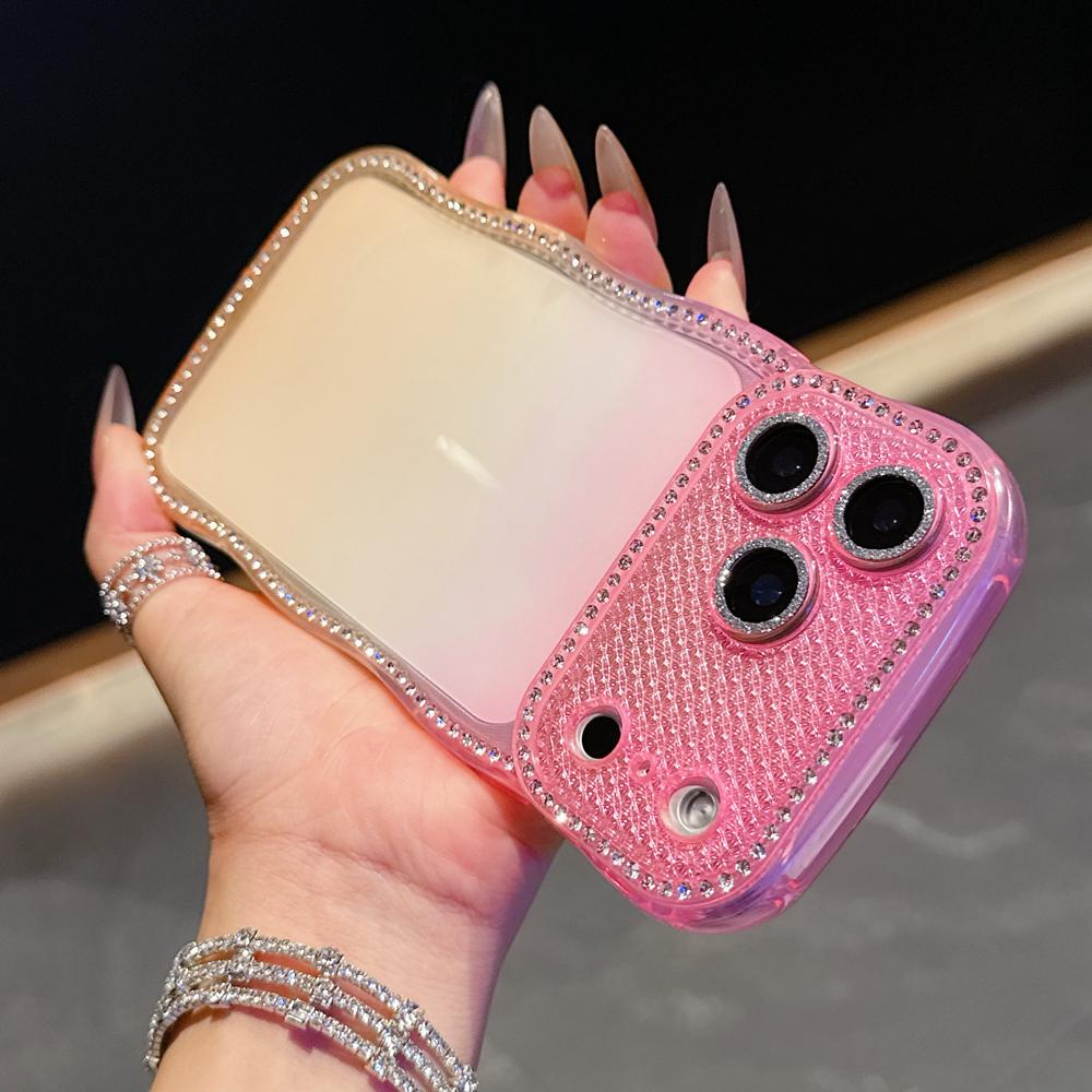 KEYSION Rhinestone Phone Case for iPhone 13 14 15 16 17 Pro Max 17 Air 16 Plus Transparent Wavy Lens Protector Shockproof Back Cover