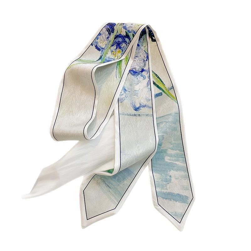 Lenço de seda pequeno e longo estilo pintura a óleo pastoral de Van Gogh lenço versátil feminino lenço de cabeça para rabo de cavalo fita para bolsa amarrada cinto de férias