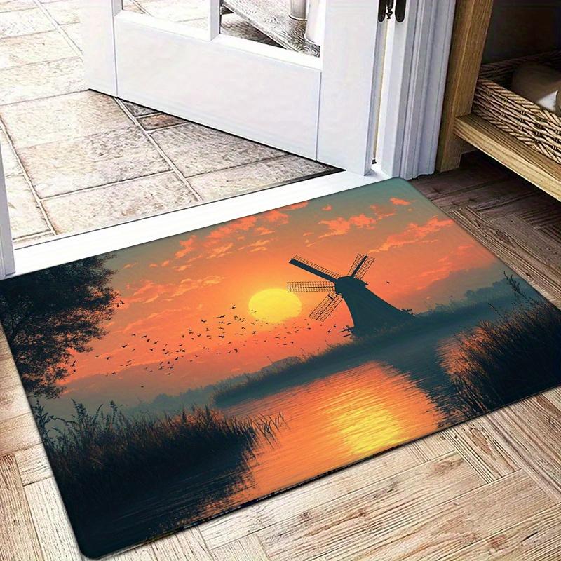 

1pc Dutch Windmill Sunset Orange Tone Tranquil Dusk Scene Washable Floor Mat - 0.47inch Thick Flannel Sponge, Non-Slip Polyester 40cm x 60cm