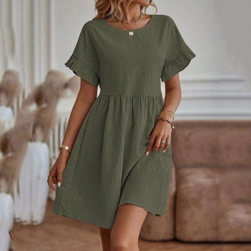 Summer Short Sleeve Women Dress Casual Elegant Round Neck Loose Vintage Dress for Women Fashion Ruffled A Line Lady Dresses 24177