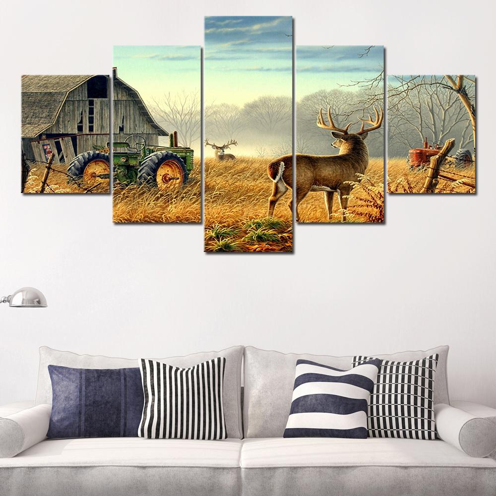 Leinwandbilder Wohnzimmer Wandkunst HD-Drucke 5 Teile Tier Weißwedelhirsche Poster Heimdekoration Bauernhaus Bilder