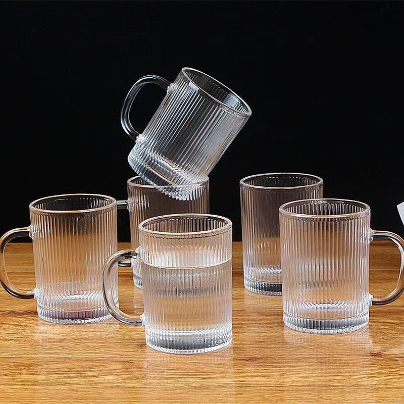 330ml Drinkware Household Transparent 4pcs Set Wheat Beer Glass Vertical Striped Glass Cup Heat Resistant Water Mug with Handle