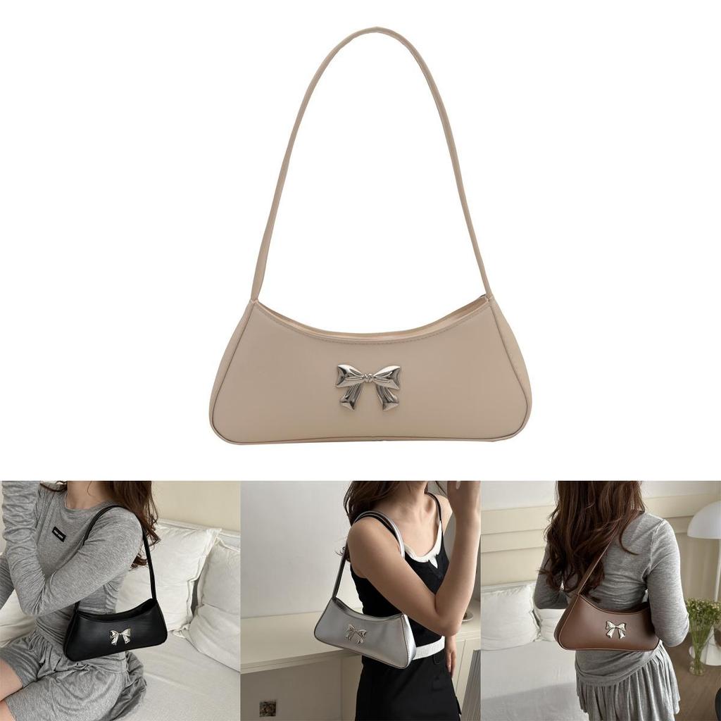 Chic Bowknot Korean Style Soft Leather Baguette Bag For Summer 2024 In Trendy Colors