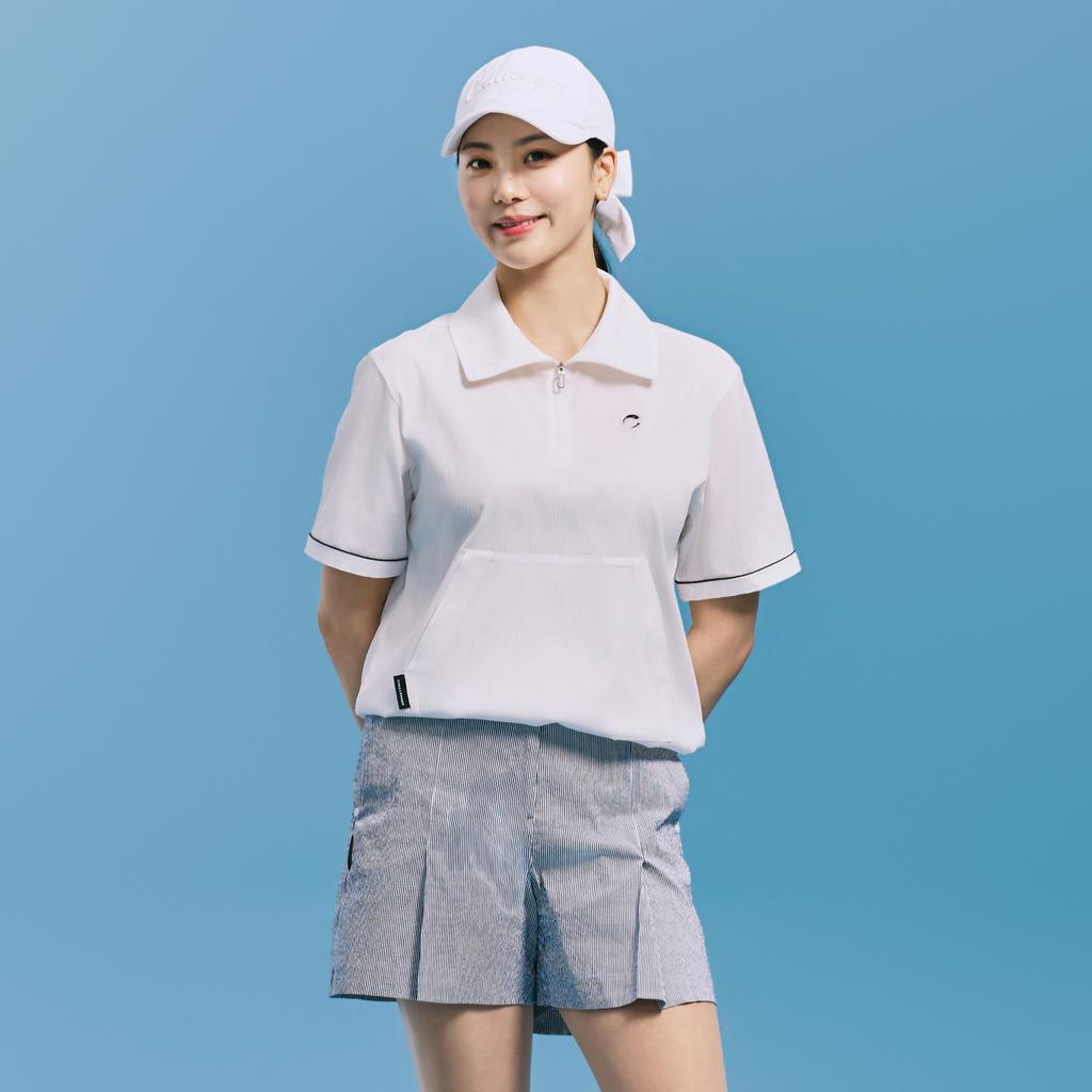 CHALLENGER Women'S Crinkle 2-Way Collar Short Sleeve Woven Top White