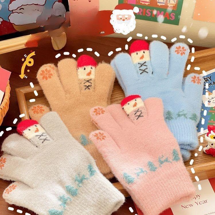 Winter Warm Gloves Plush Cartoon Cute Christmas Snowman Five Fingered Gloves with Touch Screen for Student Girls