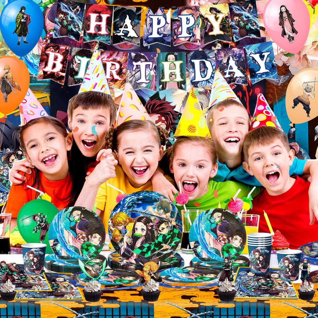 Decorações de Aniversário Demon Slayer, 112 peças Decorações de Festa Demon Slayer Conjunto de Talheres-Banner de Aniversário Balões Topper de Bolo Pratos Copos etc