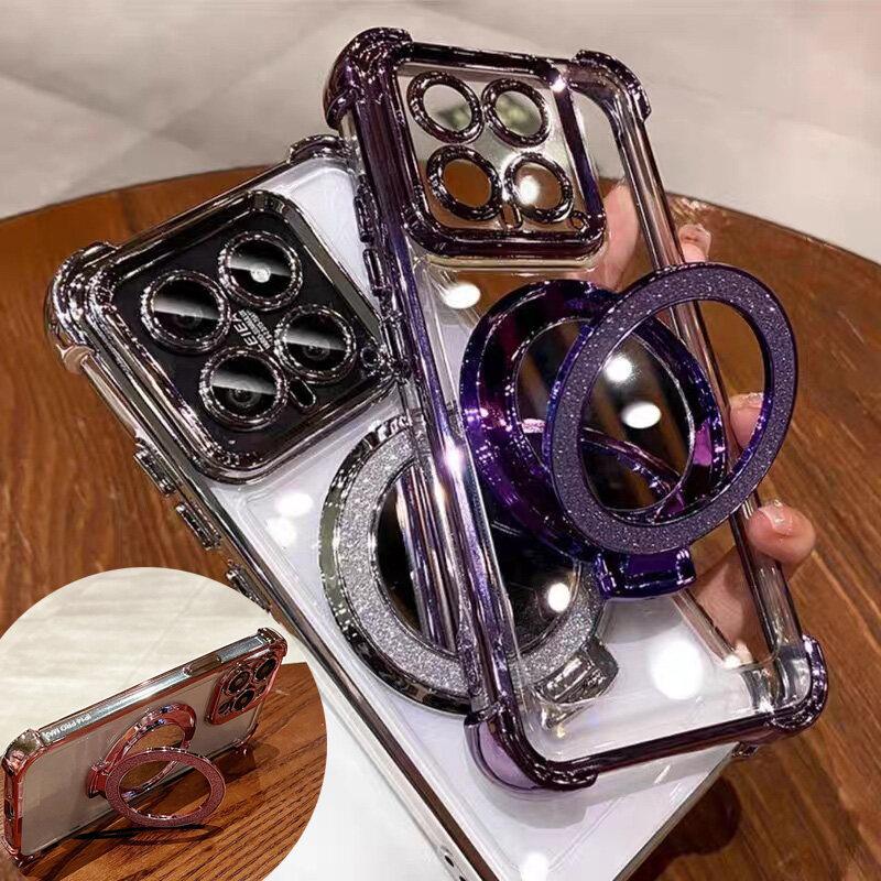 Luxury Plating Mirror Holder Case For Infinix Hot 30i 40 10S 9 30 Play Note 30 40 Pro Smart 9 8 7 Soft Clear Electroplated Cover