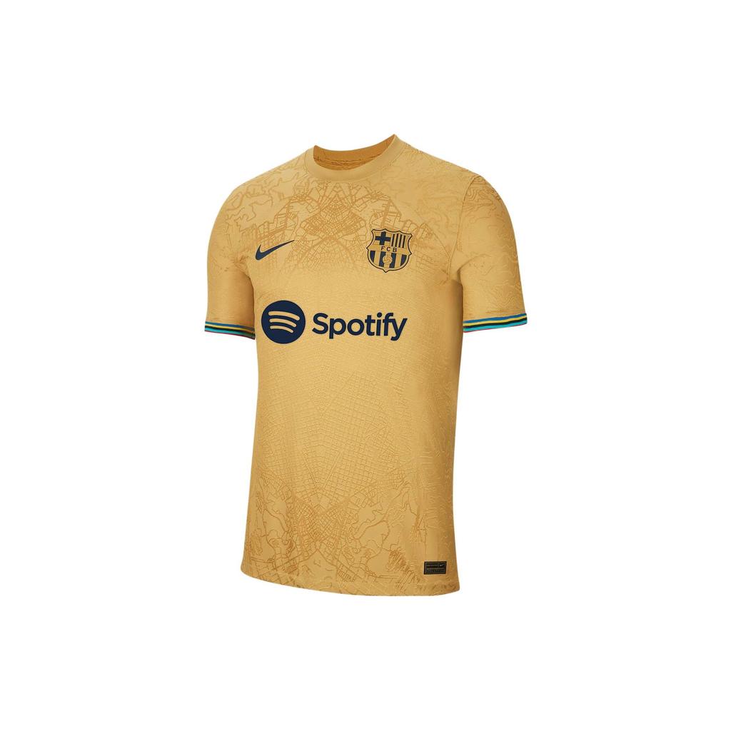 Nike Patterned Lines Print Short Sleeve Soccer Jersey, Away Player Edition, Barcelona Men Tops Yellow DJ7642-715